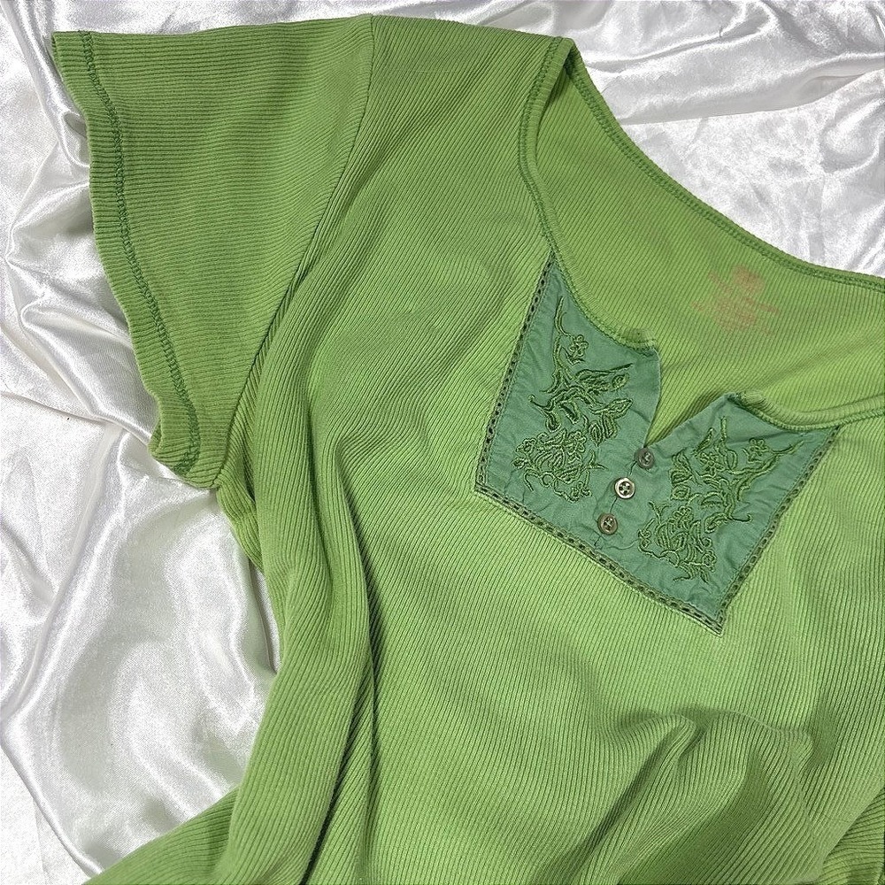 y2k Embroidered Henley Top Green Ribbed Cotton Short Sleeve Tee